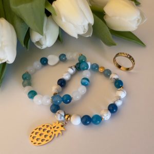 bracelet pierres naturelles agate bleu et howlithe bague acier inox