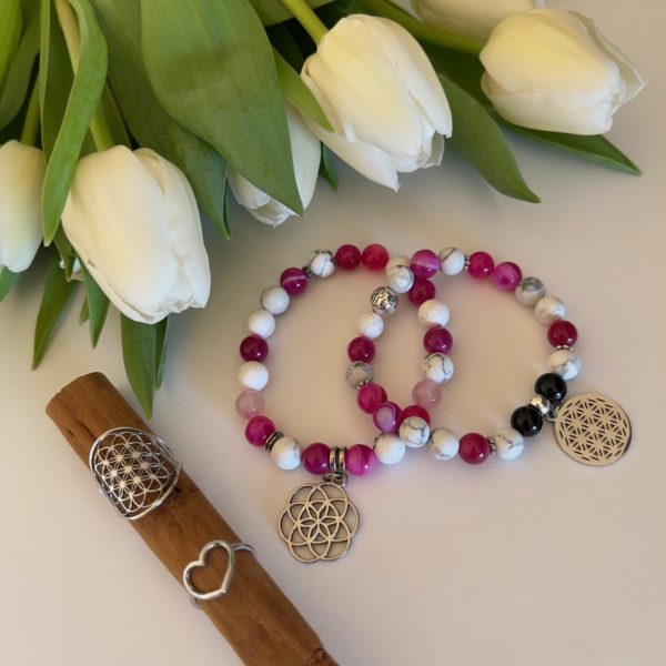 bracelet pierres naturelles howlithe agate rose bague acier inox