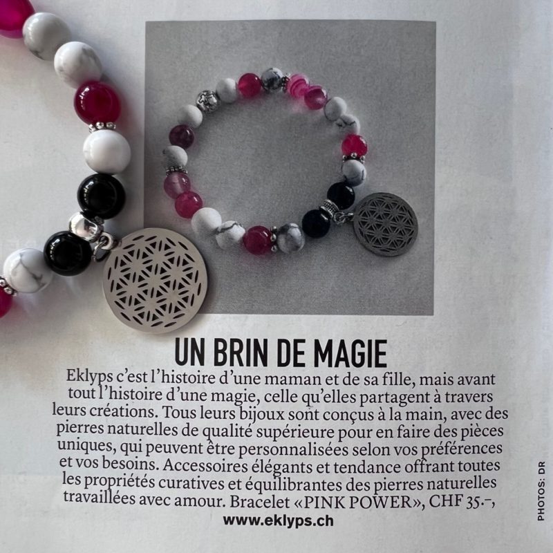 bracelet fait main en Suisse en agate rose et howlite et onxy pour Eklyps Lausanne et article Marie Claire créateur suisse