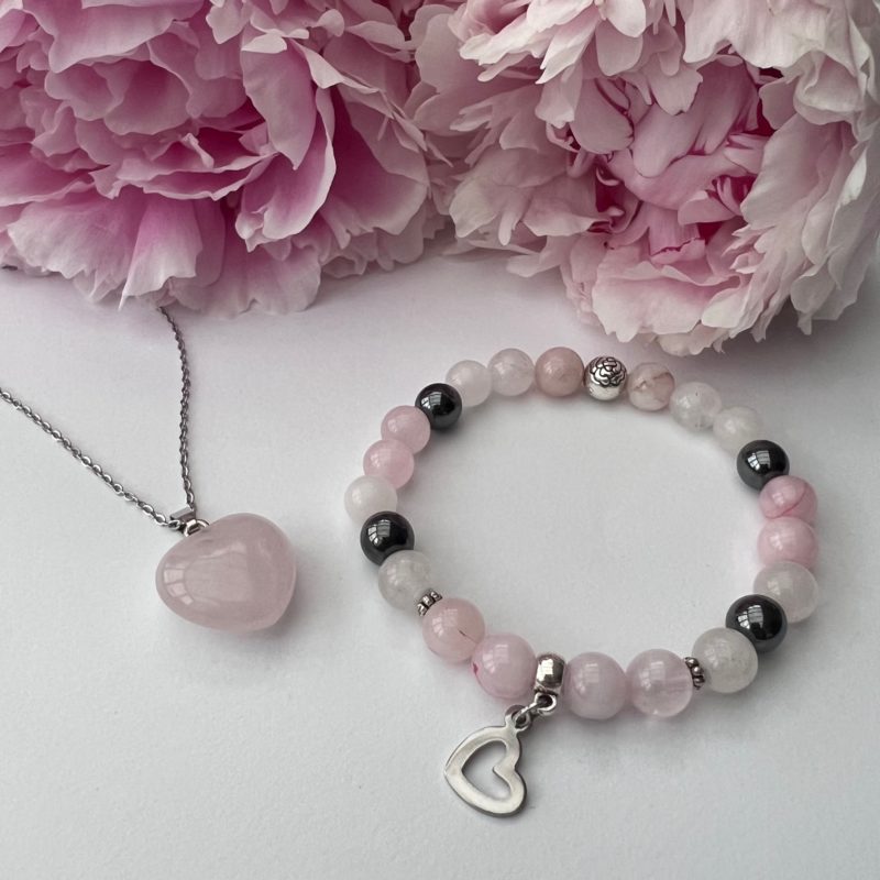 bracelet en pierre naturelle de quartz rose cristal de roche et hématite fait main en Suisse Eklyps