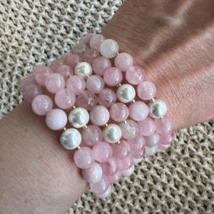 bracelet quartz rose, cristal roche et perle culture