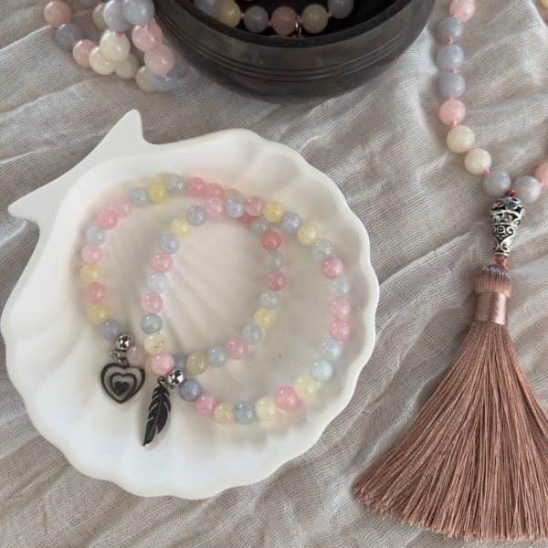 Mala et bracelets en morganite pierres naturelles et bol tibétain
