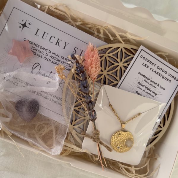 coffret good vibes avec pierres naturelles, fleur de vie, fleurs, collier ou bracelet ou fiole ou bougie