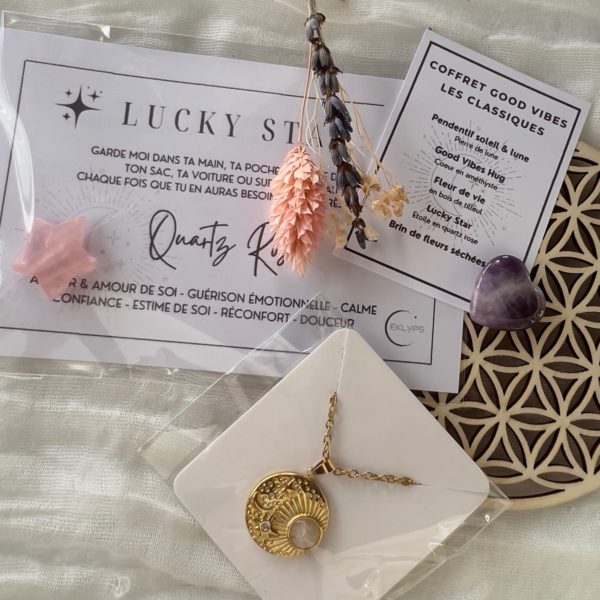 coffret good vibes avec pierres naturelles, fleur de vie, fleurs, collier ou bracelet ou fiole ou bougie