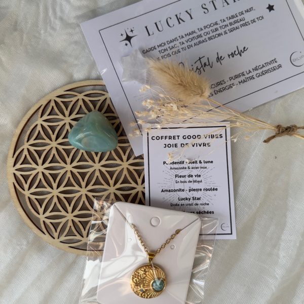 Eklyps coffret good vibes avec pierres naturelles, fleur de vie, fleurs, collier ou bracelet ou fiole ou bougie bien être cadeau