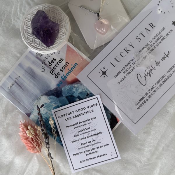 Eklyps créateur suisse coffret good vibes avec pierres naturelles, fleur de vie, fleurs, collier ou bracelet ou fiole ou bougie